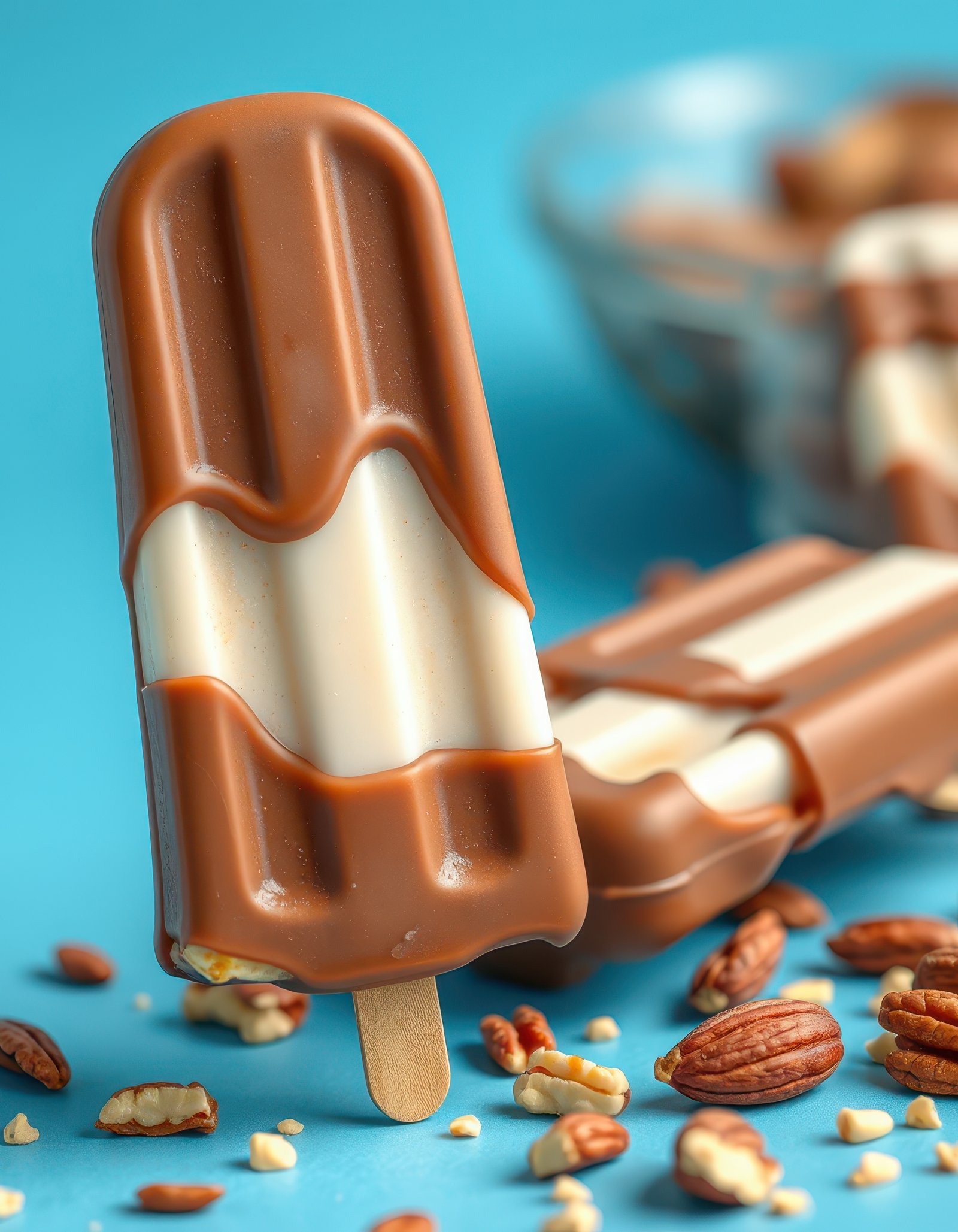 Chocolate covered ice cream bars on a blue background with nuts scattered around